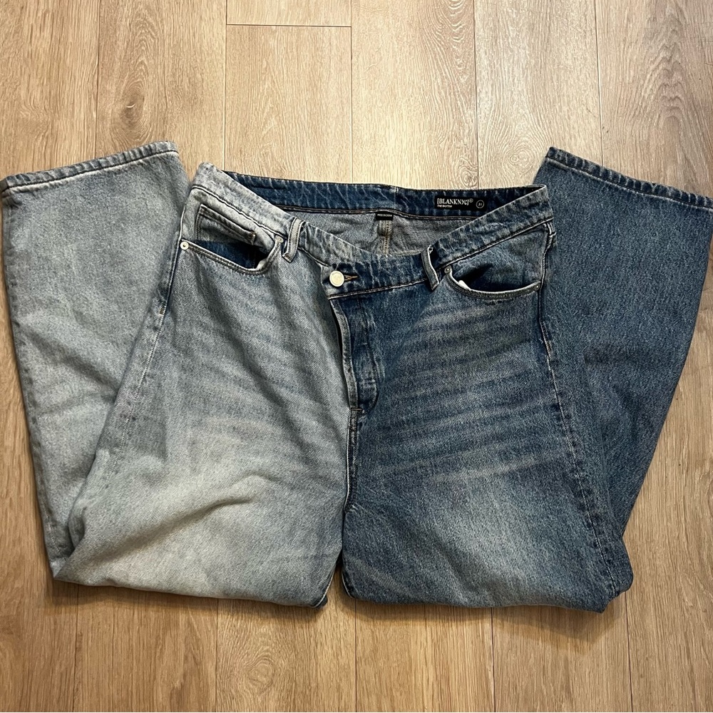 Two colored jeans with criss cross waistband